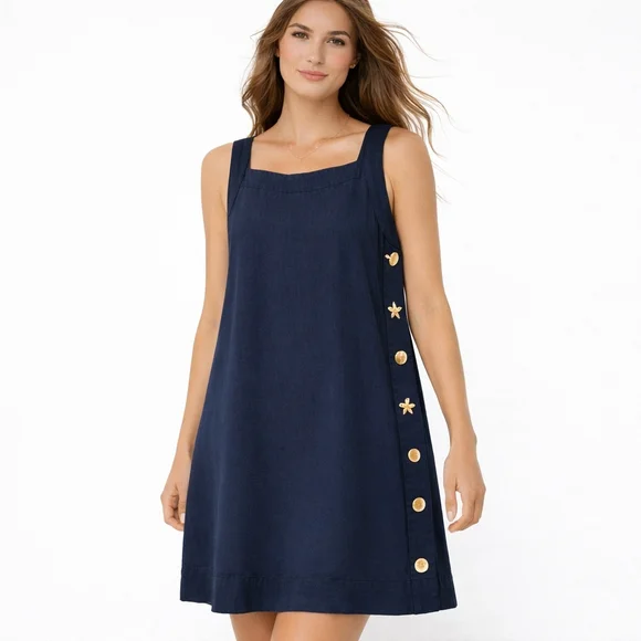 Cynthia Rowley Navy Linen blend coastal Dress Gold Shell Buttons Pockets Size L - Picture 11 of 11